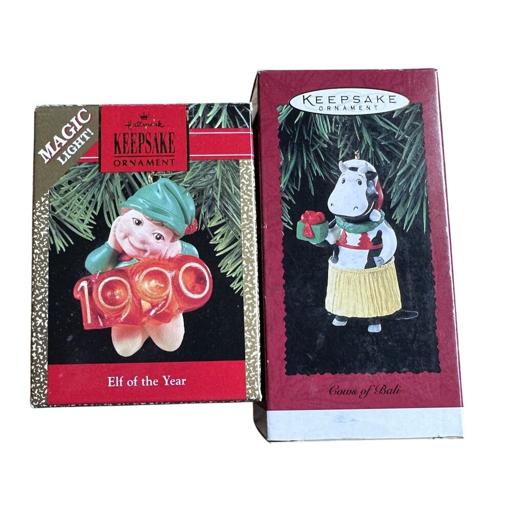 Vtg Hallmark Christmas Ornaments Elf Of The Year 1990 & Cows of Bali 1995 - Picture 8 of 10